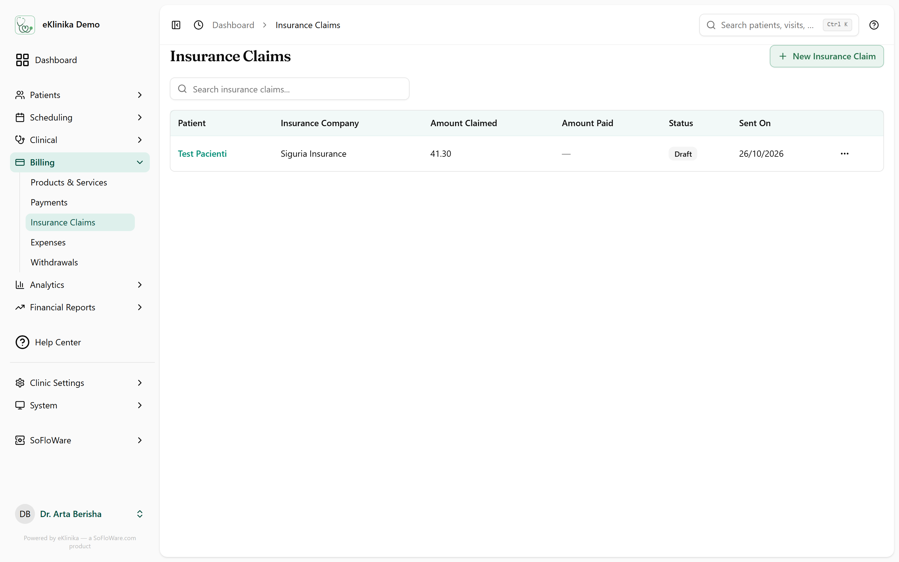 eKlinika insurance claims list with patient, insurance company, amount claimed, amount paid, status and sent date