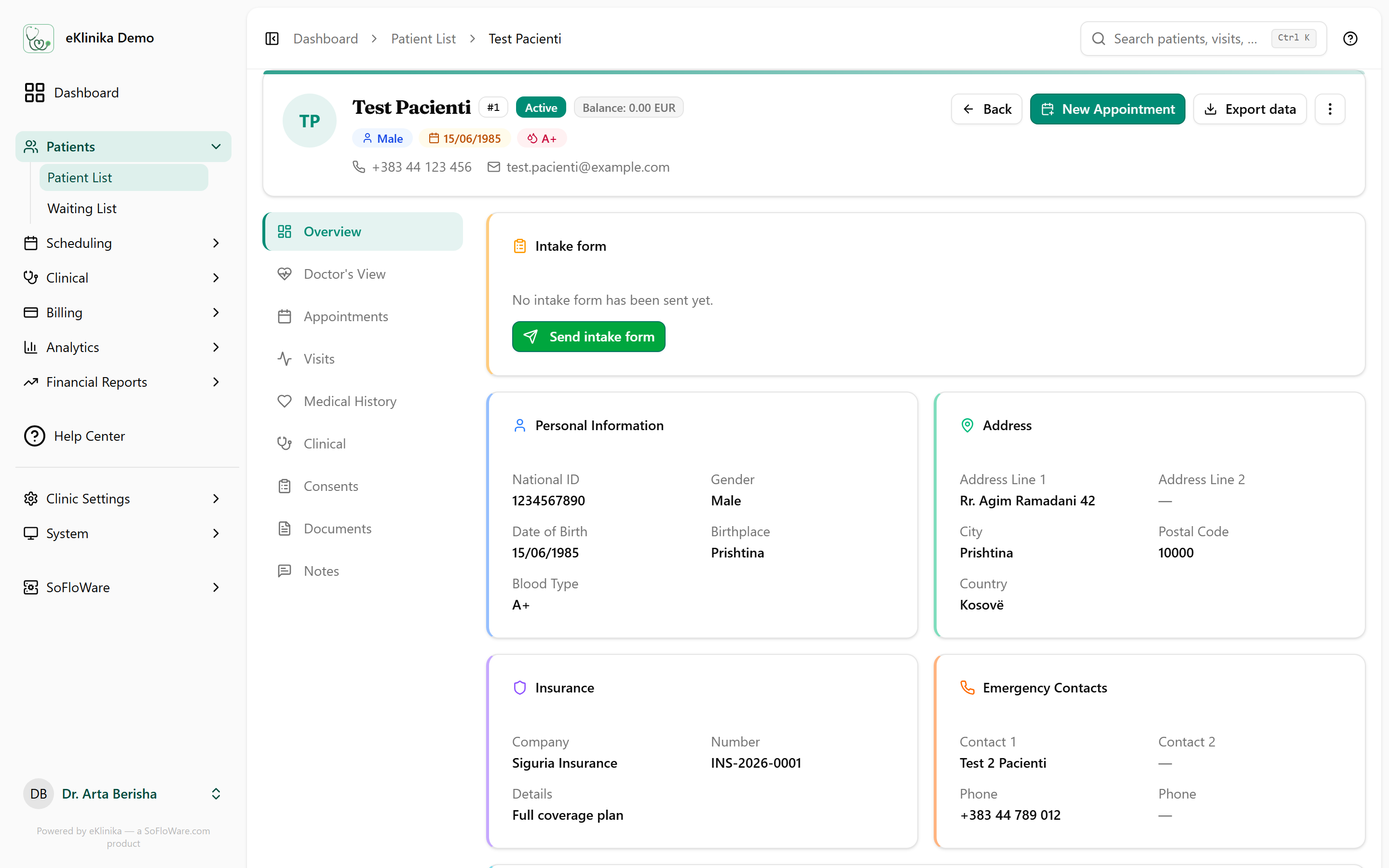 eKlinika patient record on the overview tab, with personal information, address, insurance and emergency contacts, and tabs for visits, medical history, consents, documents and notes