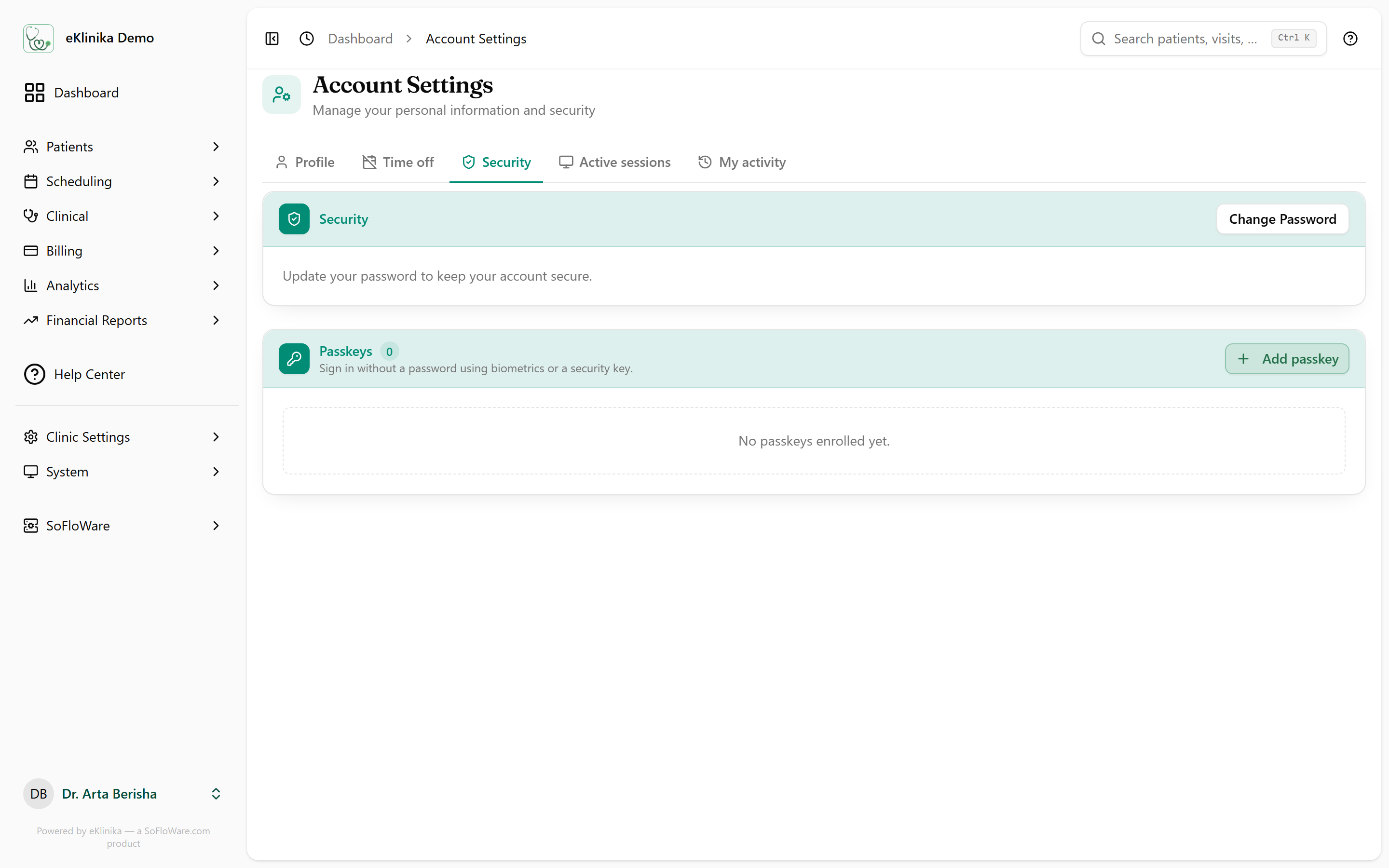 eKlinika account settings, Security tab, with the change password button and the passkeys section where staff add a passkey