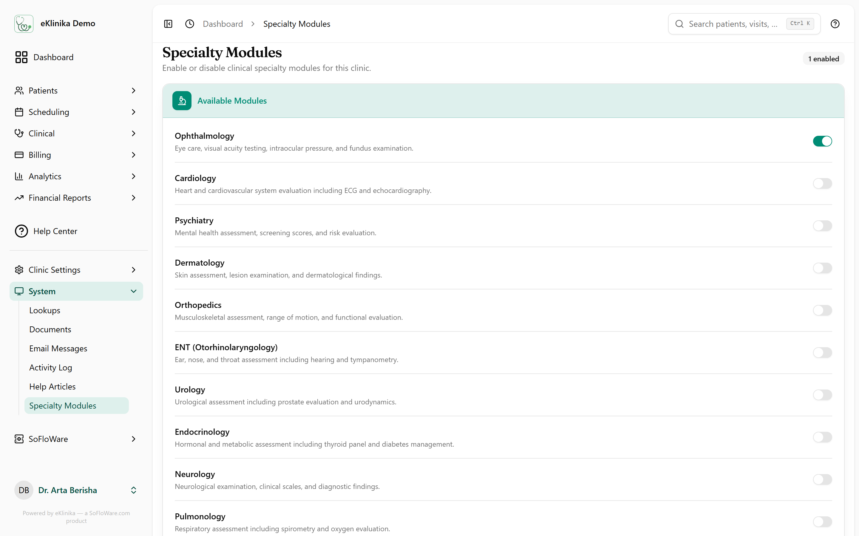 eKlinika specialty modules settings page, with a switch per module and ophthalmology enabled