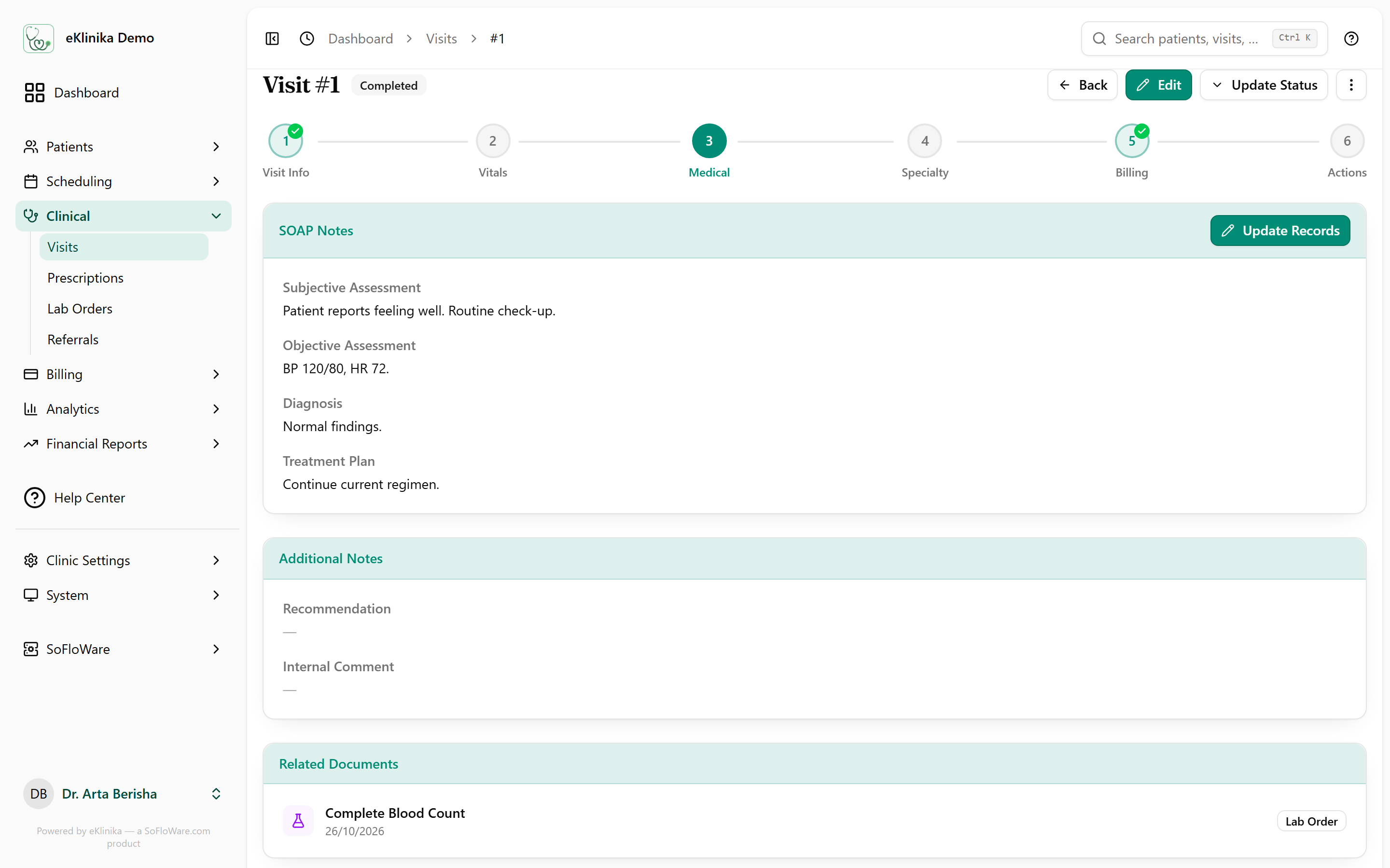 eKlinika visit page on the medical step, with SOAP notes for subjective and objective assessment, diagnosis and treatment plan, and a related lab order